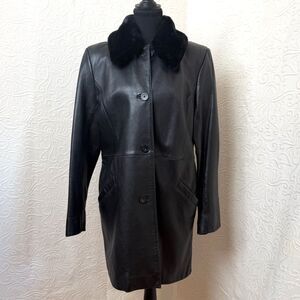 Alfani Y2K Black Genuine Leather Coat Jacket Removable Fur Collar Women M